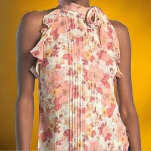 NWT Veronica Beard Floral Ruffle Tie Neck Blouse - Pink and Cream